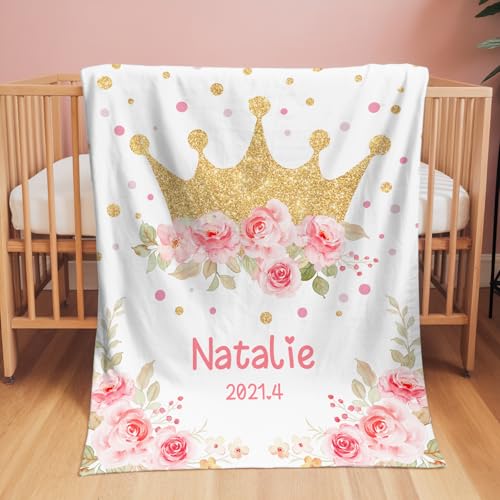 Image of Personalized Baby Blanket with Name, Custom Name Blanket for Kids Soft Flanne Blankets in Easter Personalized Baby Gifts for Infant Newborn Shower (White)