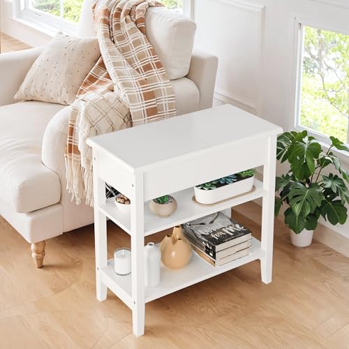 Keyluv White End Table Set with Flip Top Storage Cabinet Narrow Side Table