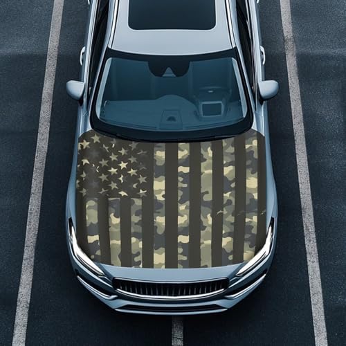 Image of Camo American Flag Car Hood Covers for Automobiles, Elastic Fabric for Car Hood Decoration and Protection, Can be Washed Camouflage Hunting Flag Auto Accessories