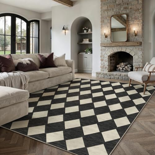 Image of PureCozy Black 8x10 Washable Area Rug Living Room Non Slip Checkered Carpet