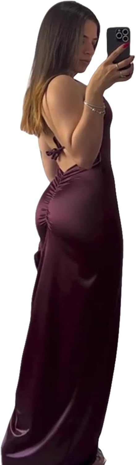 Women's Sexy Satin Sleeveless Lace Up Dress Y2k Pleated Backless Bodycon Ruffle Split Dresses for Party Cocktail - Image 3