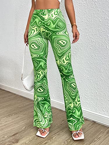 Women's Marble Print Flare Pants Elastic Waist Bell Bottom Trousers3