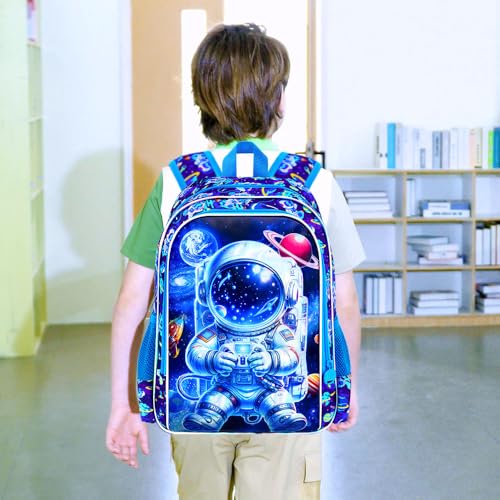 Image of 16 inch Space Backpack for Boy, 3Pcs Astronaut Bookbag for Elementary Preschool Kindergarten, Kids School Backpacks with Lunch Box (Blue)