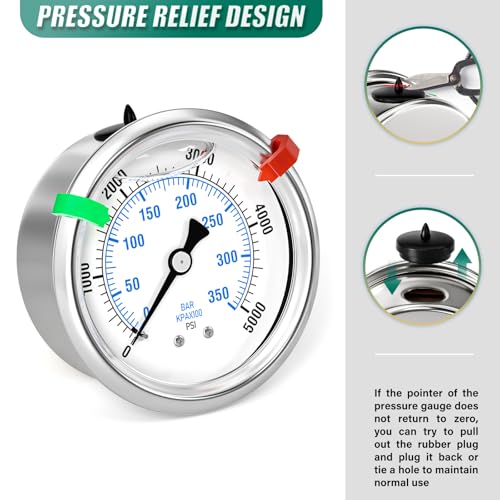 Image of 0-5000psi Stainless Steel Glycerin Liquid Filled Pressure Gauge 1 /4 inch NPT 2.5 inch Face Dial Center Back Mount, for Water, Oil and Air Pressure Testing (with Range Mark Pointer)