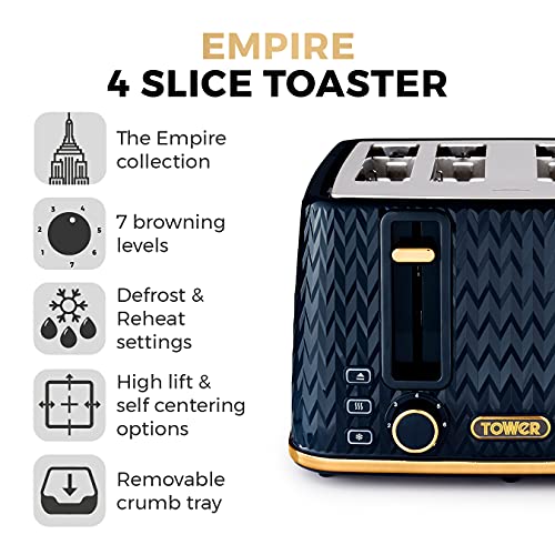 Tower T20061BLK Empire 4-Slice Toaster with Defrost/Reheat, Removable Crumb Trays, 1600W, Midnight and Brass & T10052MNB Empire 1.7 Litre Kettle with Rapid Boil, Removable Filter, 3000 W - Image 3