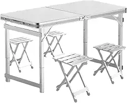 Mesa Dobrável Portátil para Churrasco e Camping ao Ar Livre com 4 Bancos de Alumínio – Compacta, Leve e Ideal para Viagens, Piqueniques e Praia