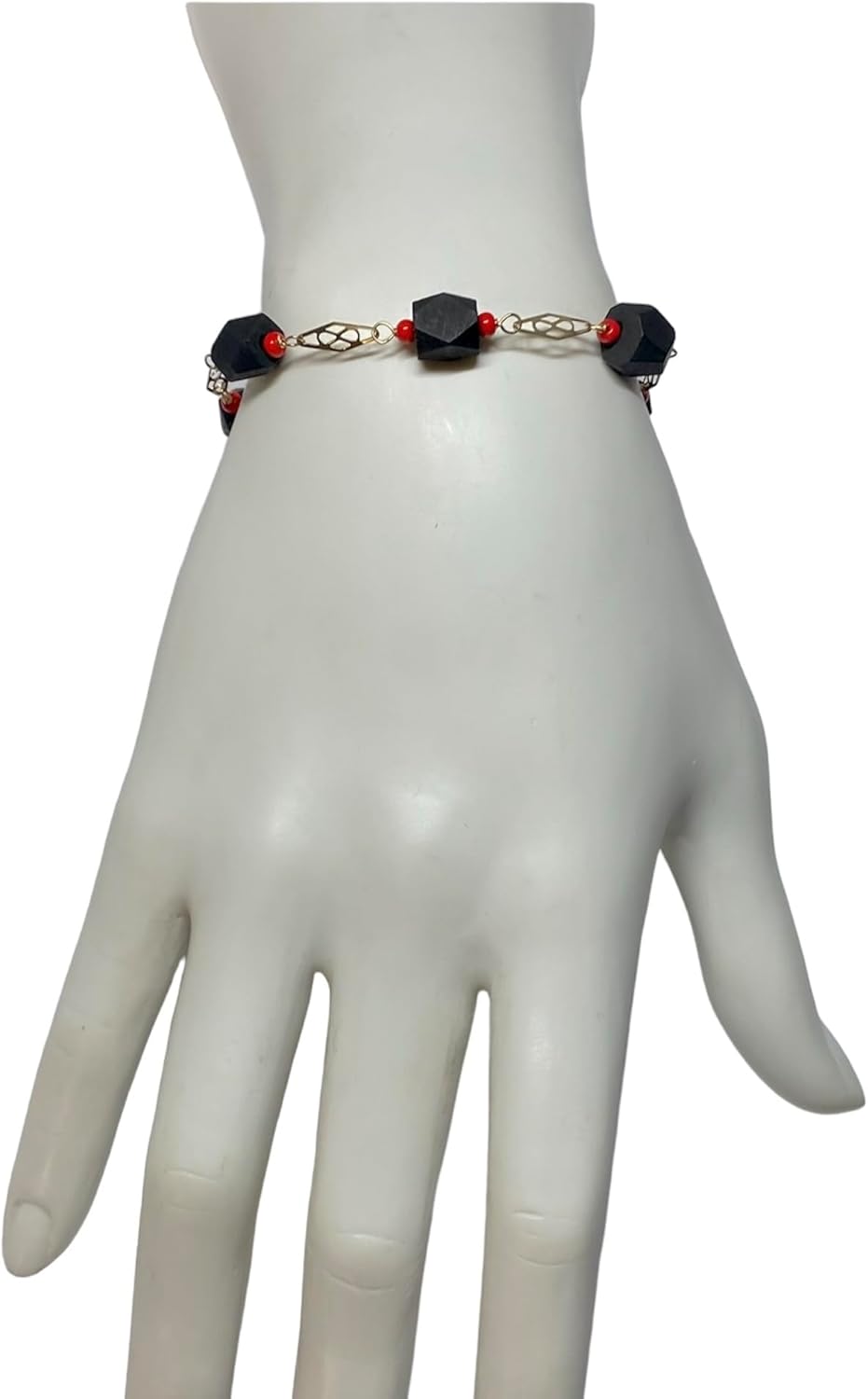14K Yellow Gold Filled Genuine 7mm Azabache Jet & Simulated Coral Accent 8" Plaque Bracelet