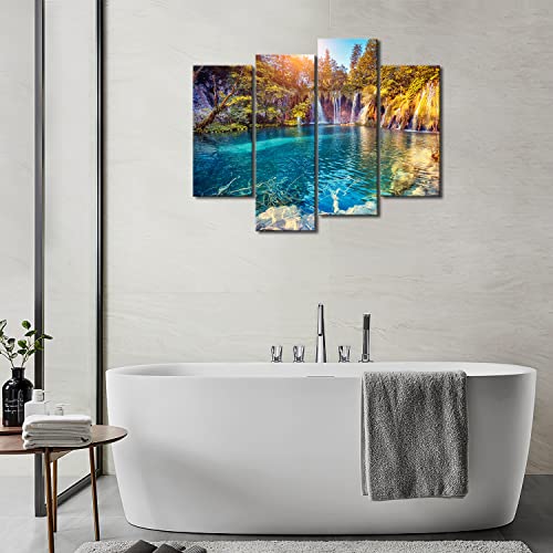My Easy Art- Mountain Wall Art Decor Clean Water In The Lake Waterfall Trees And Forest In The Park Canvas Pictures Artwork Landscape 4 Panel Painting Prints For Home Living Dining Room #TOP3