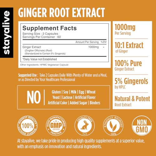 Image of StayAlive Pure Ginger Root Extract 10,000mg with 5% Gingerols, 120 Ginger Root Capsules for Nausea, Immunity and Digestive Health, 10:1 Super Extract Powder, Non-GMO and Gluten-Free Ginger Supplement