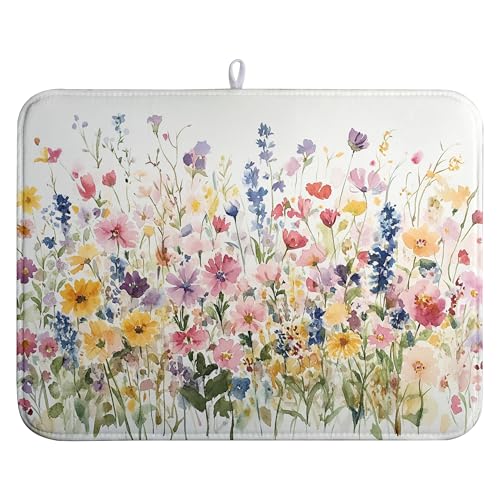 Spring Floral Dish Drying Mat for Kitchen Counter Summer Colorful Flower Kitchen Dishes Dryer Pad Absorbent Matt Microfiber Washable Foldable Reusable Large 18x24 in