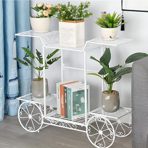 Kundi 6-Tier Cart Planter Stand, Outdoor Flower Rack Flower Pot Display Rack 62x69x22cm (White) (White) Kundi 6-Tier Cart Planter Stand, Outdoor Flower Rack Flower Pot Display Rack 62x69x22cm (White) (White)