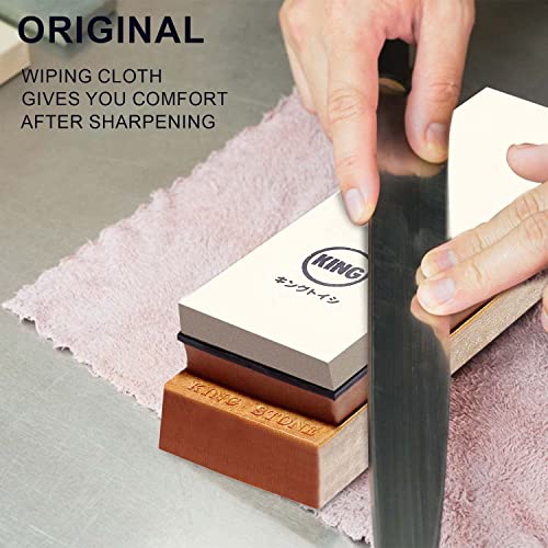 KING Whetstone Starter Set Include 1000/6000 Grit Combination Whetstone made in Japan, Knife Angle Holder, B&B Japan Original Wiping Cloth and Stable Plastic Base - Image 3