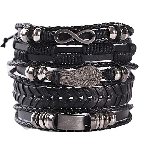 Bessy shop 5 Piezas de Pulseras de Cuero Trenzado para Hombres, Mujeres, Pulsera de Cuerda Punk, Brazalete, Pulseras Vintage, Juego de Envoltura, Ajustable