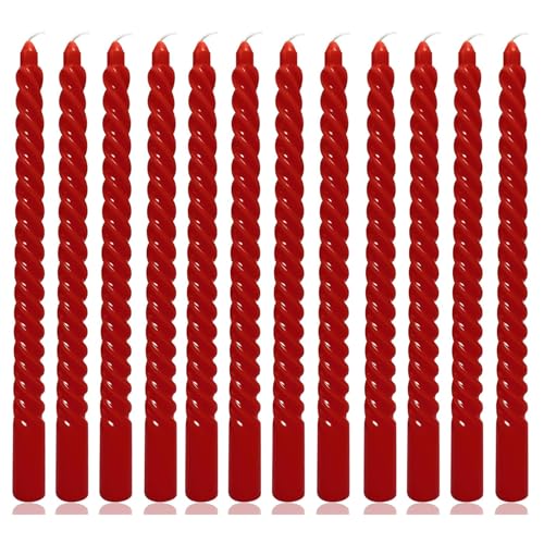 Spiral Taper Candles for Home Decoration, 12 Pack Candles (25cm / 10 Inch) for Wedding Dinner Party Holiday Birthday Celebration, Dripless and Smokeless (Red)