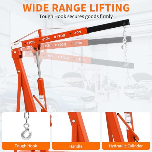 Image of GarveeTech 2-Ton Folding Engine Hoist Cherry Picker 4400 Lb Capacity Hydraulic Shop Crane with Telescoping Boom 6 Caster Wheels for Automotive Repair Garage Use Includes Hitch and Storage Stand Red