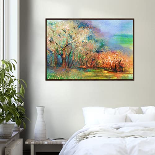 Décoration murale paysage parc aquarelle 70 x 100 cm avec cadre bois foncé salon
