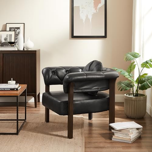 Art Leon Genuine Leather Accent Chair, Mid Century Modern Arm Chair with Wood Legs, Upholstered Tufted Barrel Chair for Living Room Bedroom Office, Black - Thumbnail 6