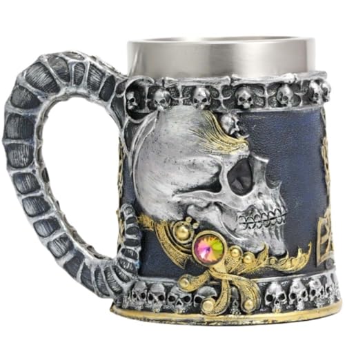 ZONSUSE Chope à Bière Gothique, Chope Crane Tete de Mort, Tasse de Crâne Médiéval, avec Manche en Corne Démoniaque, Cadeau Original pour Anniversaire,...