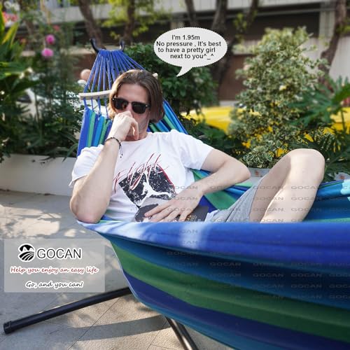 Image of GOCAN Double Hammock 2 Person Large 220x160cm with Steel Stand and Removable Spreader bar Load 500lb, Canvas Cotton Hammocks for Patio Porch Garden Backyard Outdoor and Indoor, Blue