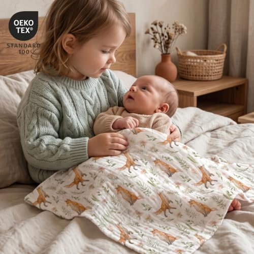 Image of Muslin Receiving Blankets, Neutral Blanket Swaddling for Newborn Boys and Girls, 5 Pack Breathable and Skin-Friendly Swaddle Wrap for Infant Baby (Forest Fox)