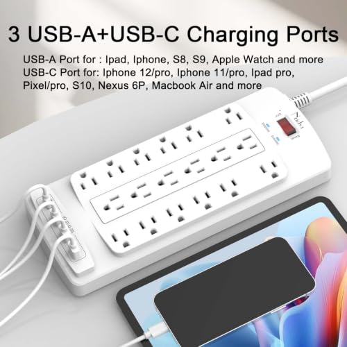 Image of 18 Outlets Surge Protector Power Strip - Nuetsa 10 Feet Flat Plug Heavy Duty Extension Cord with 18 Widely Outlets and 4 USB Ports, 2100 Joules, White, ETL Listed