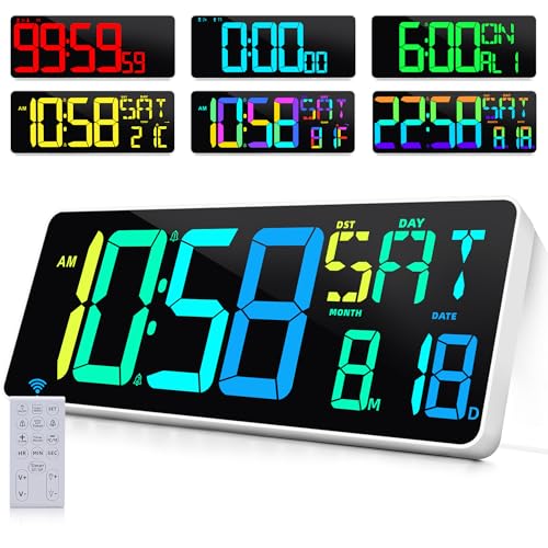 Image of Large Digital Wall Clock Timer 13.5 inch Large Display Available In 11 Color Modes LED Wall Clock with Temperature Day of the Week Clock Auto-Dimming for Home Gym Office 2 Groups Alarm 25 Music Ringtones