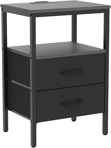 Miniatura 4 de Huuger - Set de 2 mesitas de noche, mesas auxiliares con estación de carga, mesas auxiliares con cajones de tela, mesitas de noche con puertos USB y