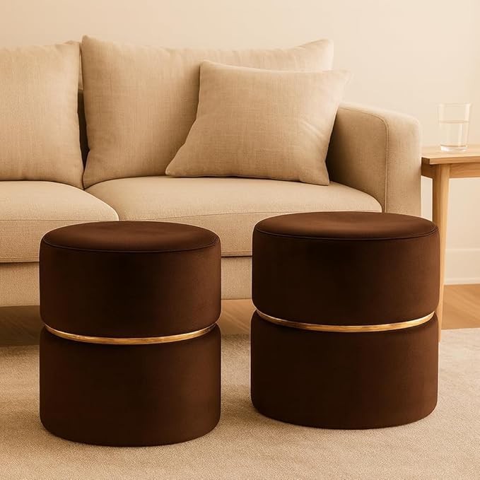 Soft Velvet Puffy Stool Ottoman for Sitting | Round Wooden with Plywood & Plush Cushioning | Sturdy Stitching, Elegant Golden Ring & Non-Slip Base for Bedroom - 2 Large Sets (Brown)-image-38