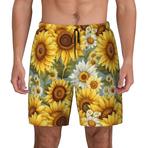 Sunflowers Chamomile Print Men Stylish Functionality Swim Trunks Breathable Beach Shorts Surfing Gym Fishing