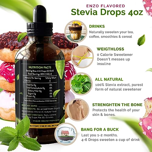Enzo Liquid Stevia Drops Our Zero Calories Sweetener (4oz - 800 Servings/Bottle) - Rose Glazed Donut - All Natural flavoring with No Artificial Additives & Filler Ingredient