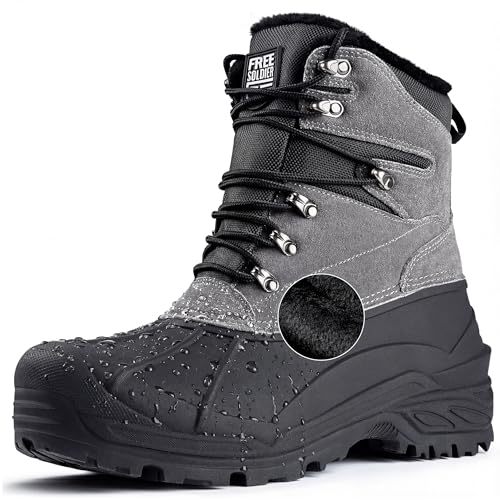 FREE SOLDIER Mens Snow Winter Boots for Men Warm Fleece Lining Winter Ski Shoes Waterproof Insulated Booties(GRAY 9)