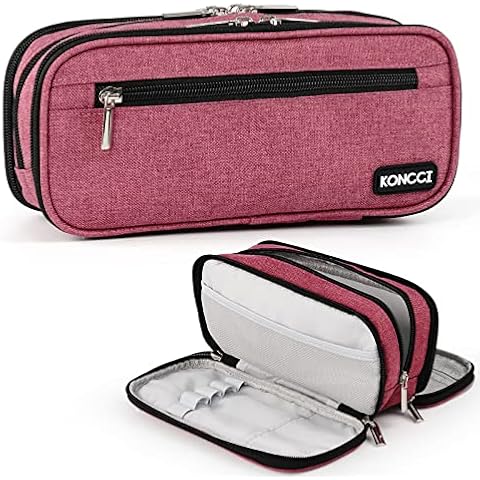 Pencil Case, Large Capacity Pencil Case for Girls Boys Teen, Handheld 3 Compartments Pencil Bag Pouch Stationery Bag, Portable Office Stationery Makeup Bag School Supplies, Fuchsia Cover
