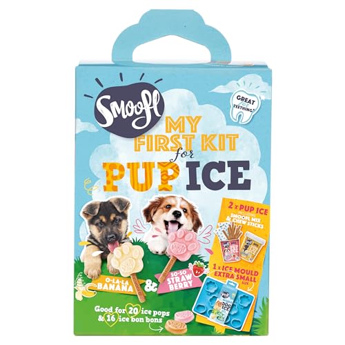 Smoofl Puppy Hundeeis XS Kit - Welpen Hundesnacks: EIS Fuer Puppy mit essbarem Stiel und Eisformen zum Selbermachen als Snack und gesunde Hundeleckerli mit erfrischender Wirkung, Erdbeer & Banane