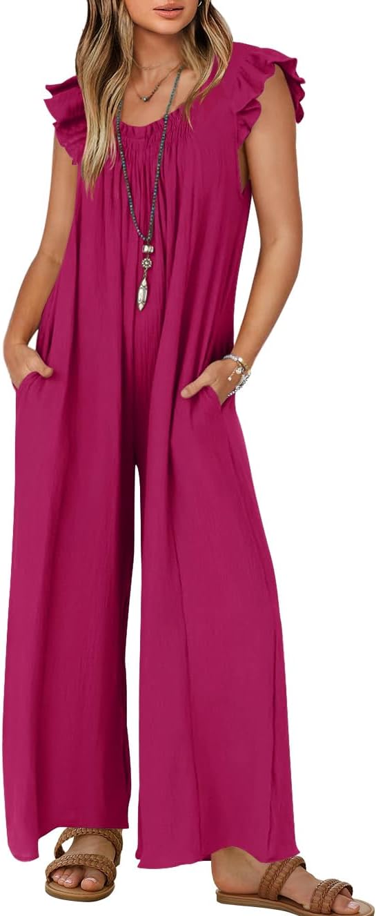 ZESICA Women's Summer Loose Jumpsuit Casual V Neck Sleeveless Oversized Wide Leg Pant Overalls Romper with Pockets