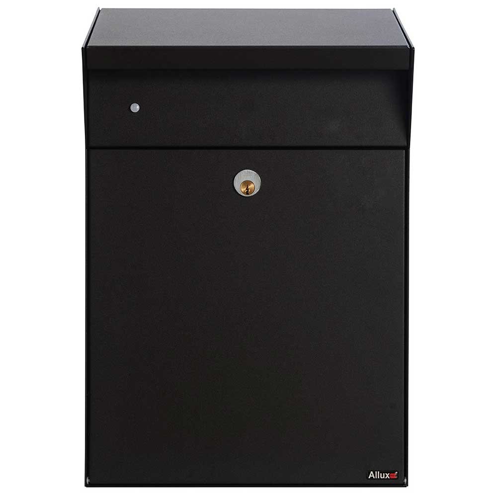 QualarcALX-BWP Allux Series Bjorn Parcel Box in Black Wall or Post Mount Top Loading Locking Galvanized Steel Mailbox with LED Motion Lighting