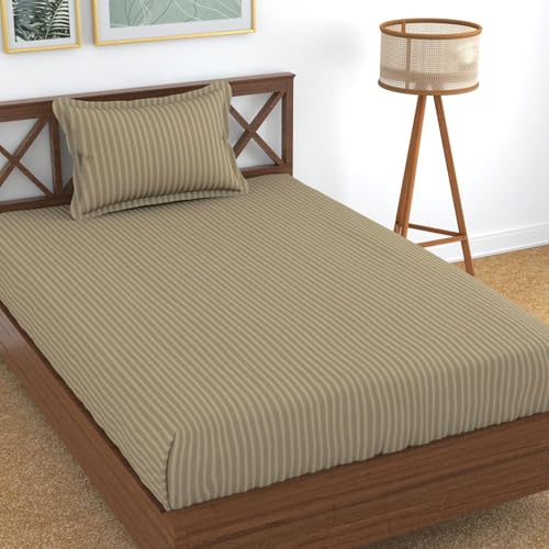 Image of Blue Strip Polycotton Bedsheet, Single 60x90 (Khaki) | Hotel Quality | Soft, Breathable & Colourfast | Wrinkle Resistant | Machine Washable | Pillow Covers Included