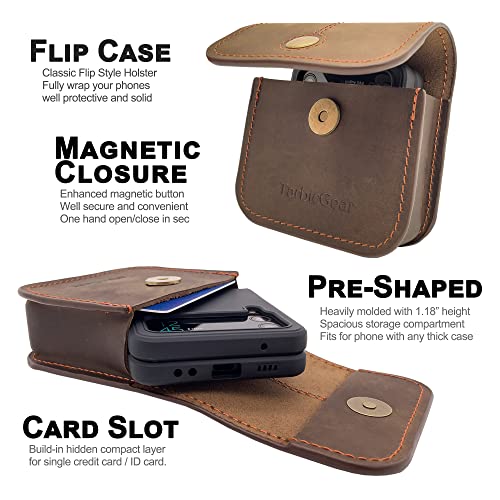 Tarbicgear Phone Holster For Z Flip 4, Belt Clip Case For Samsung Galaxy Z Flip Series, Magnetic Closure Flap Holder For Motorola Razr Series, Western Real Leather Pouch On Belt, Brown #TOP4