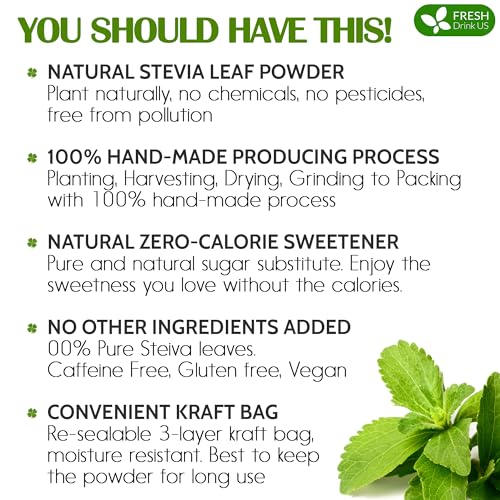 Image of FreshDrinkUS, Premium 4.5oz Stevia Leaf Powder, Unprocessed Ground Stevia Leaves, 100% Natural & Pure, Stevia Leaf Sugar Substitutes, Natural Zero-Calorie Sweetener, No Additives, No Gluten, Vegan.