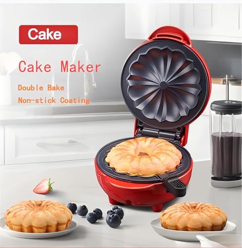 Cake Maker Machine for Lava Cake, Mini Donuts, Waffles, Pancakes - Breakfast, Snacks, Desserts - Non-stick Surface, Double-sided Heating, Red