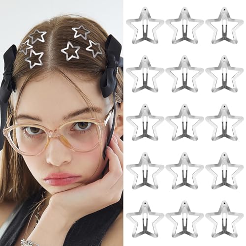 15Pcs Star Hair Clips Snap Hair Barrettes for Women 2000s Y2K Non Slip Star Hair Accessories Silver Metal Cute Hair Clips