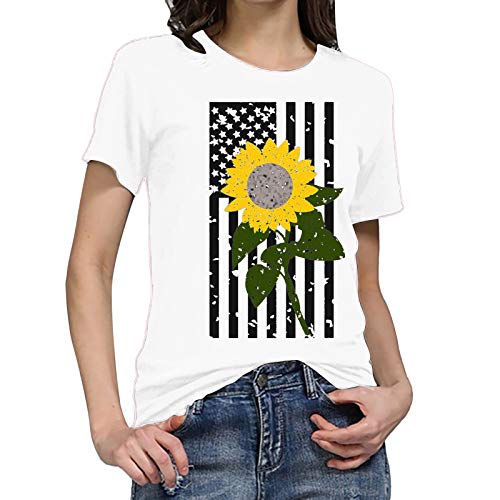 Dosoop Womens US Flag T Shirts Independence Day Vintage Sunflower Shorts Sleeve Casual Round Neck Graphic Tee Tops Blouse