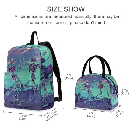 Backpack Lunch Bag Set Skeleton Dancing Print, Big Storage Travel Backpacks with Insulated Lunch Box for Office Hiking Picnic2