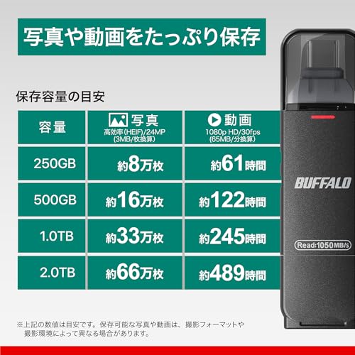 undefined 【Amazon.co.jp限定】 バッファロー SSD 外付け 1TB Type-C Type-A 両対応 USB3.2(Gen2) 読込速度 1050MB/秒 【 iPhone/iPad/Android/Windows/Mac 】 バックアップ 容量不足解消 exFAT コンパクト スティック型 SSD-SDH1.0U3BA/N の商品画像 9