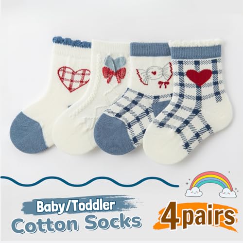 4 Pairs Toddler Baby Girl Boy Kids Socks, Cute Blue Soft Cotton Crew Socks, 0~5T2