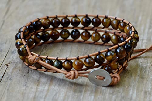 Blupear Real Stones Wrap Bracelet Handmade Woven Brown Leather Multilayer 6Mm Beads Bangle Fashion Style (Tiger Eye) #TOP2
