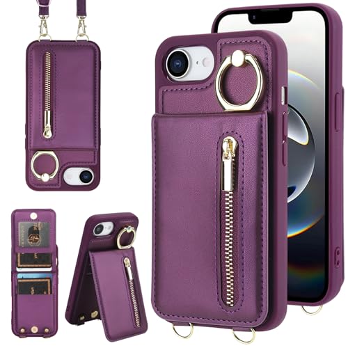Jcxtrombulou Crossbody Wallet Case for iPhone 16E/17E with Lanyard Strap Card Slot Holder RFID Blocking 360° Ring Kickstand,Magnetic Flip Folio Zipper Purse Case, PU Leather Cover Handbag,Deep Purple