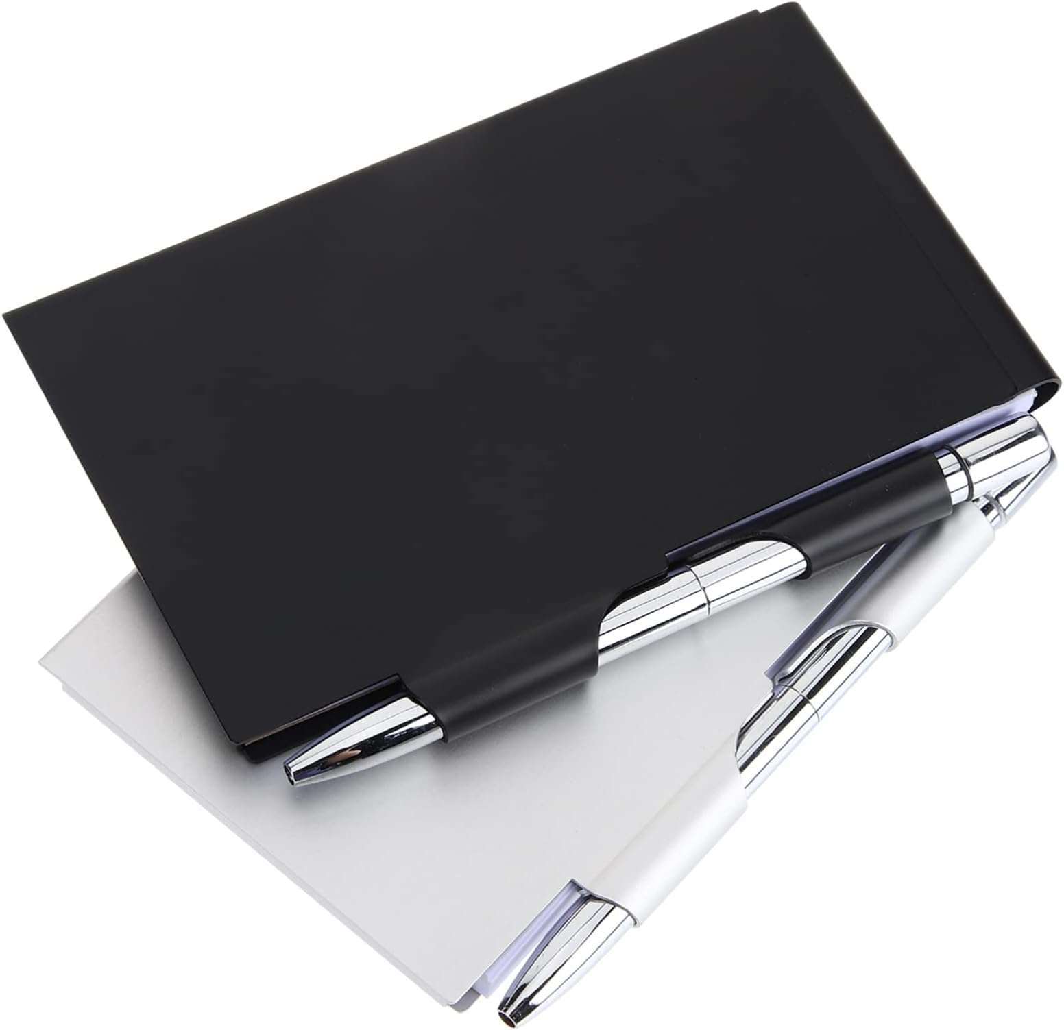generic 2 Pcs Metal Pocket Notebook with Pen Mini Notepad Holder Small Journal Notebook Memo Books Note Pads for Office School Supplies Silver Black