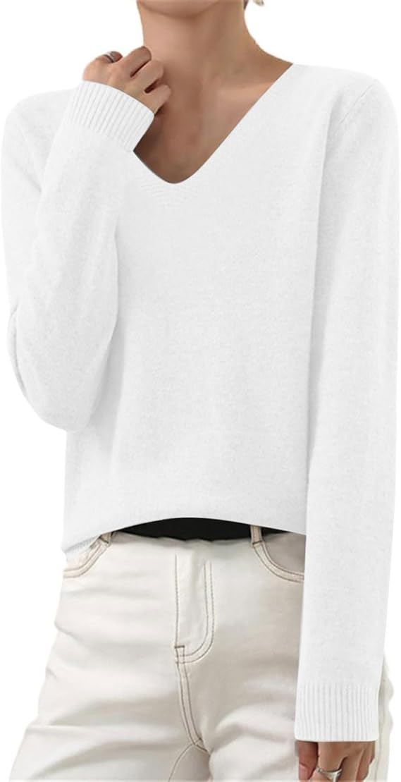 OIOLOYJM Fall Cashmere Sweaters for Women 2025 V Neck Long Sleeve Tops Lightweight Knitted Pullovers Merino Wool Sweater