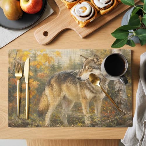 Fall Wolf Placemats Set of 1, Rustic Wildlife Amber Maple Leaf Birch Tree Forest Heat Insulation Place Mats Non-Slip Linen Cotton Table Mats Washable Dinner Mat for Dining Party Decoration