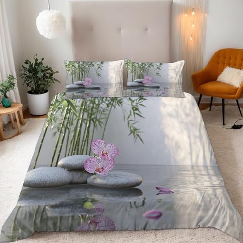 Orchidées Et Bambou Housse de Couette 160x200 Parure de Lit Style Zen Microfibre Impression 3D Une House de Couette et Deux Taies d'oreiller (65x65 cm) B.2931